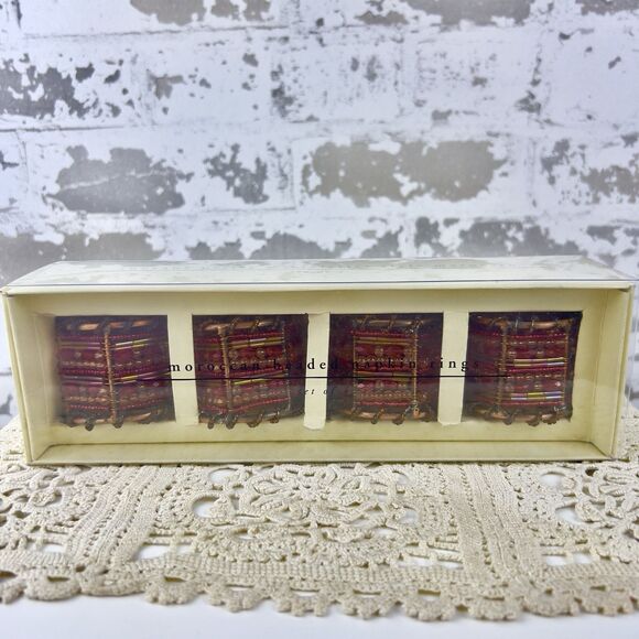 Pier 1 Moroccan style Beaded Napkin rings Copper Tone Burgundy Boho Set Of 4 - Picture 2 of 4